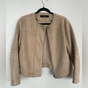 Zara tan suede collarless moto jacket